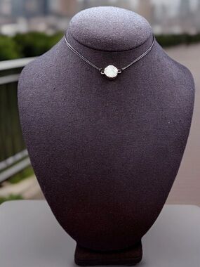 Vintage Retro Druzy Quartz Choker Necklace White Double Black Cord 12-15”